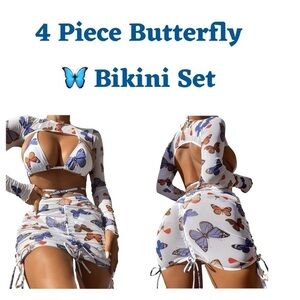 4 Piece Multi Color Sexy Butterfly Bikini Set with Cover Up Skirt‎ & Top size M